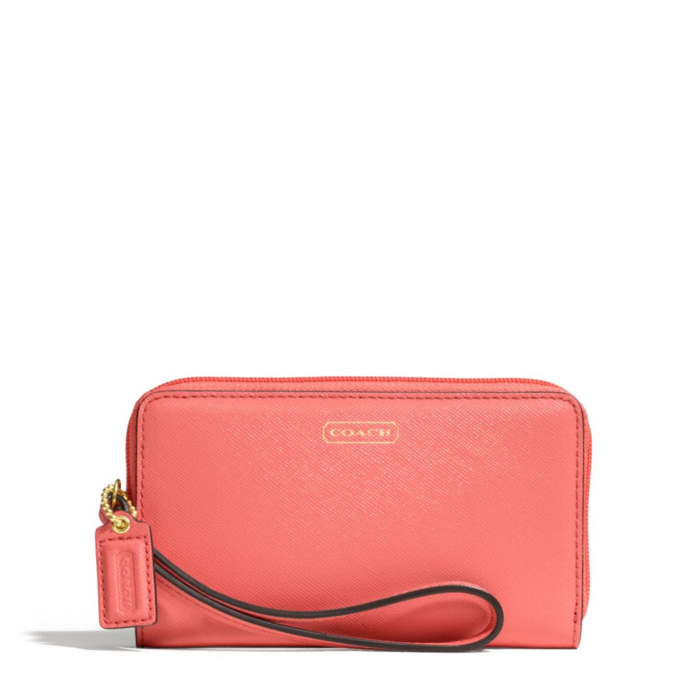 COACH f68079 DARCY LEATHER EAST/WEST UNIVERSAL PHONE CASE BRASS/CORAL