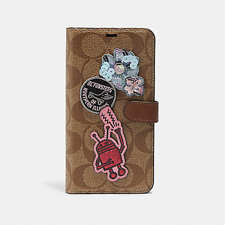 COACH KEITH HARING IPHONE XS MAX FOLIO IN SIGNATURE CANVAS WITH PATCHES - KHAKI MULTI - F68428
