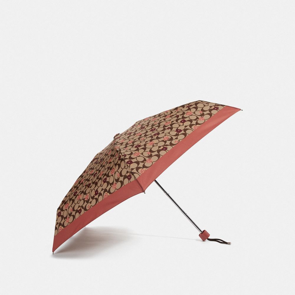 COACH F68467 MINI UMBRELLA WITH SIGNATURE TOSSED PEONY PRINT KHAKI/CORAL/SILVER