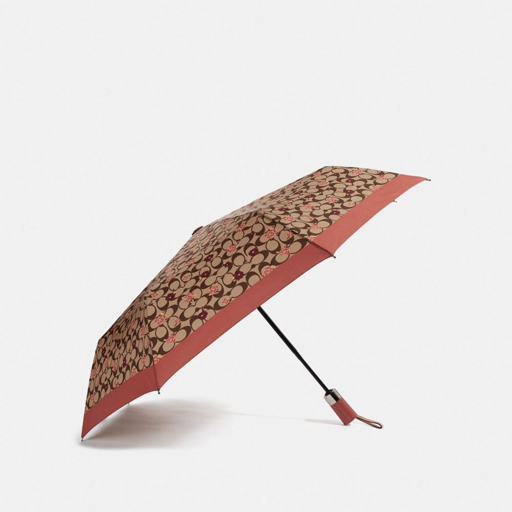 COACH F68468 Umbrella With Signature Tossed Peony Print KHAKI/CORAL/SILVER
