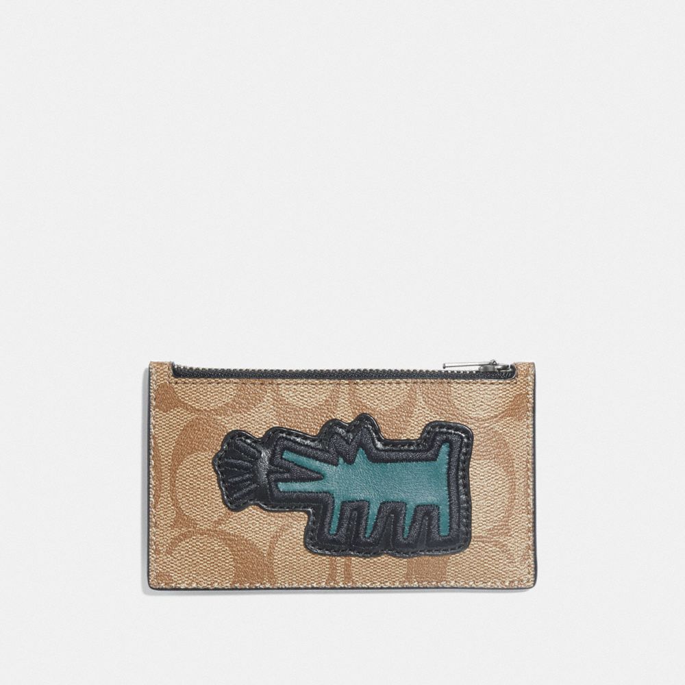 KEITH HARING ZIP CARD CASE IN SIGNATURE CANVAS WITH MOTIF - F68470 - KHAKI/MULTI/BLACK ANTIQUE NICKEL