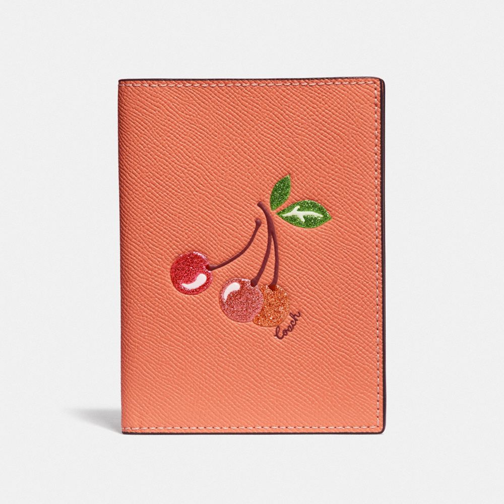 COACH F68621 PASSPORT CASE WITH CHERRY LIGHT CORAL/GOLD