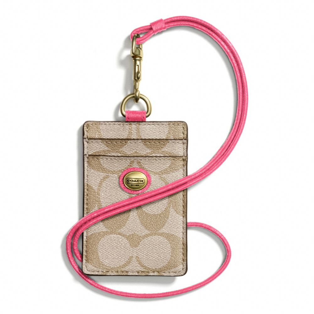 COACH PEYTON LANYARD ID CASE IN SIGNATURE FABRIC - BRASS/LT KHAKI/POMEGRANATE - f68661