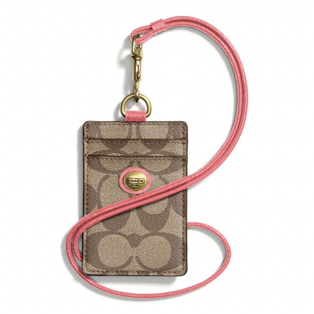 COACH f68661 PEYTON SIGNATURE LANYARD ID CASE BRASS/KHAKI/CORAL