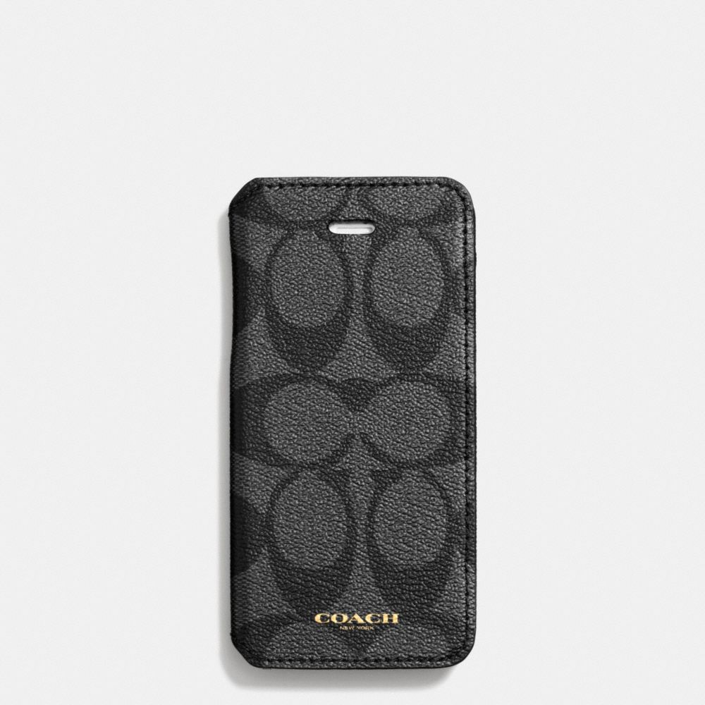 BLEECKER IPHONE 5 CASE WITH STAND IN SIGNATURE COATED CANVAS - BLACK/CHARCOAL - COACH F68924