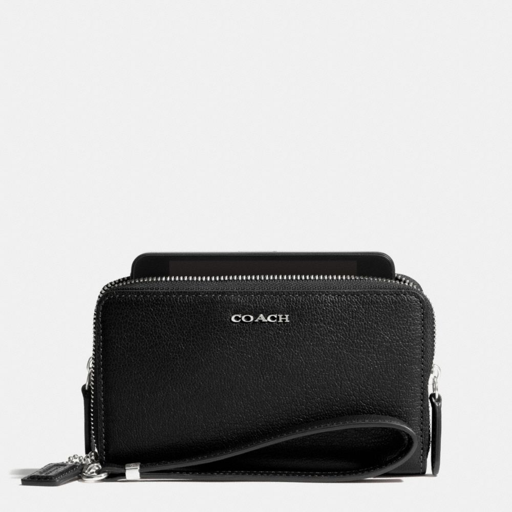 COACH f69382 MADISON DOUBLE ZIP PHONE WALLET IN LEATHER  SILVER/BLACK