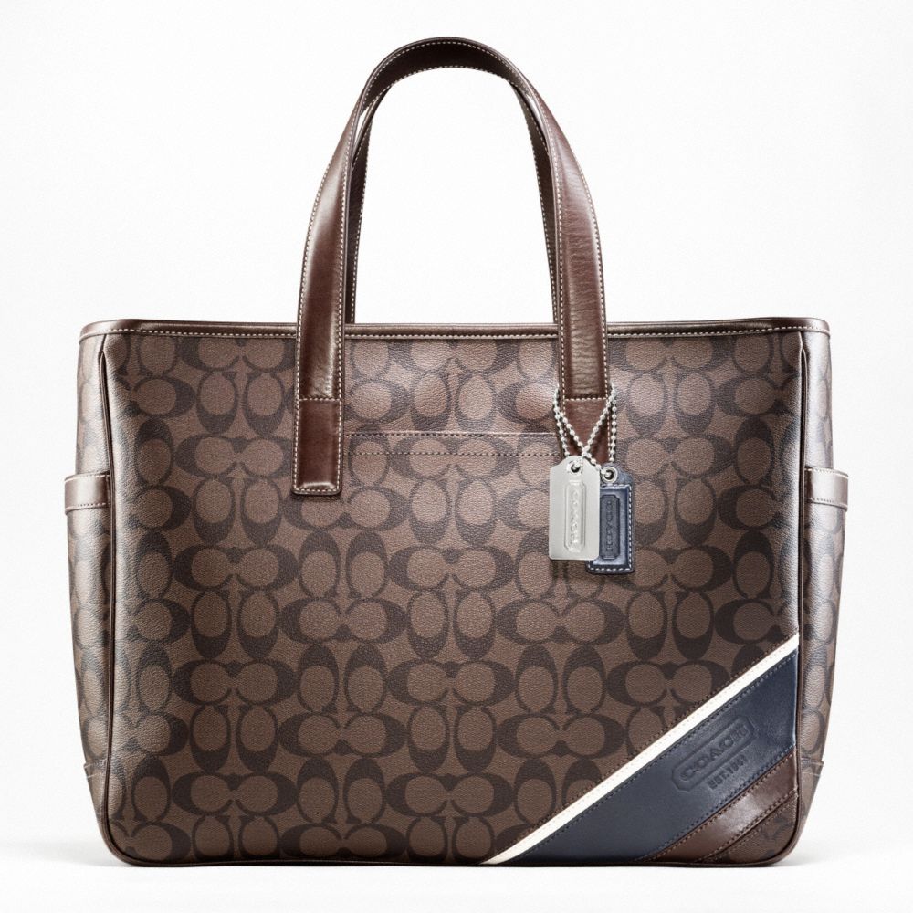 COACH HERITAGE STRIPE BUSINESS TOTE - SILVER/MAHOGANY/BROWN - f70395