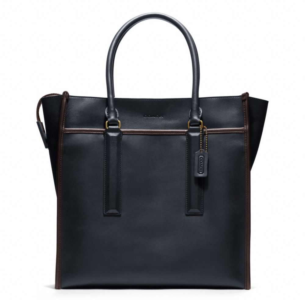 BLEECKER LEATHER TOTE - f70725 - BRASS/NAVY/MAHOGANY