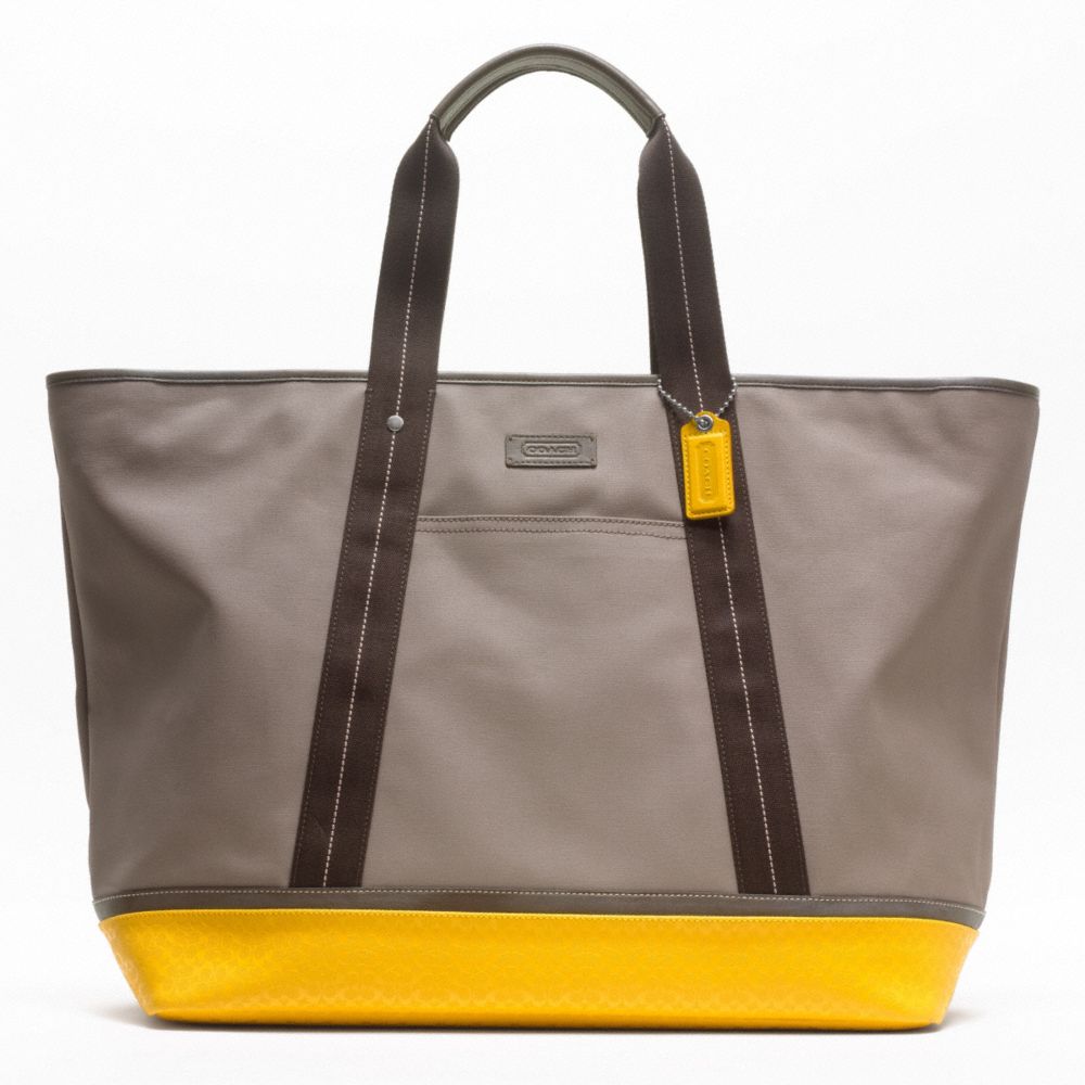 COACH HERITAGE SIGNATURE EMBOSSED PVC CANVAS WEEKEND TOTE - SILVER/KHAKI/YELLOW - F70832