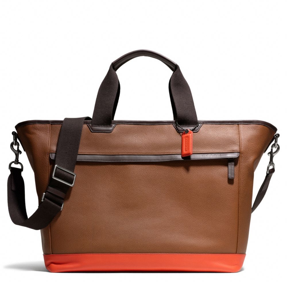 COACH CAMDEN LEATHER WEEKEND TOTE - GUNMETAL/SADDLE/PAPAYA - F70925