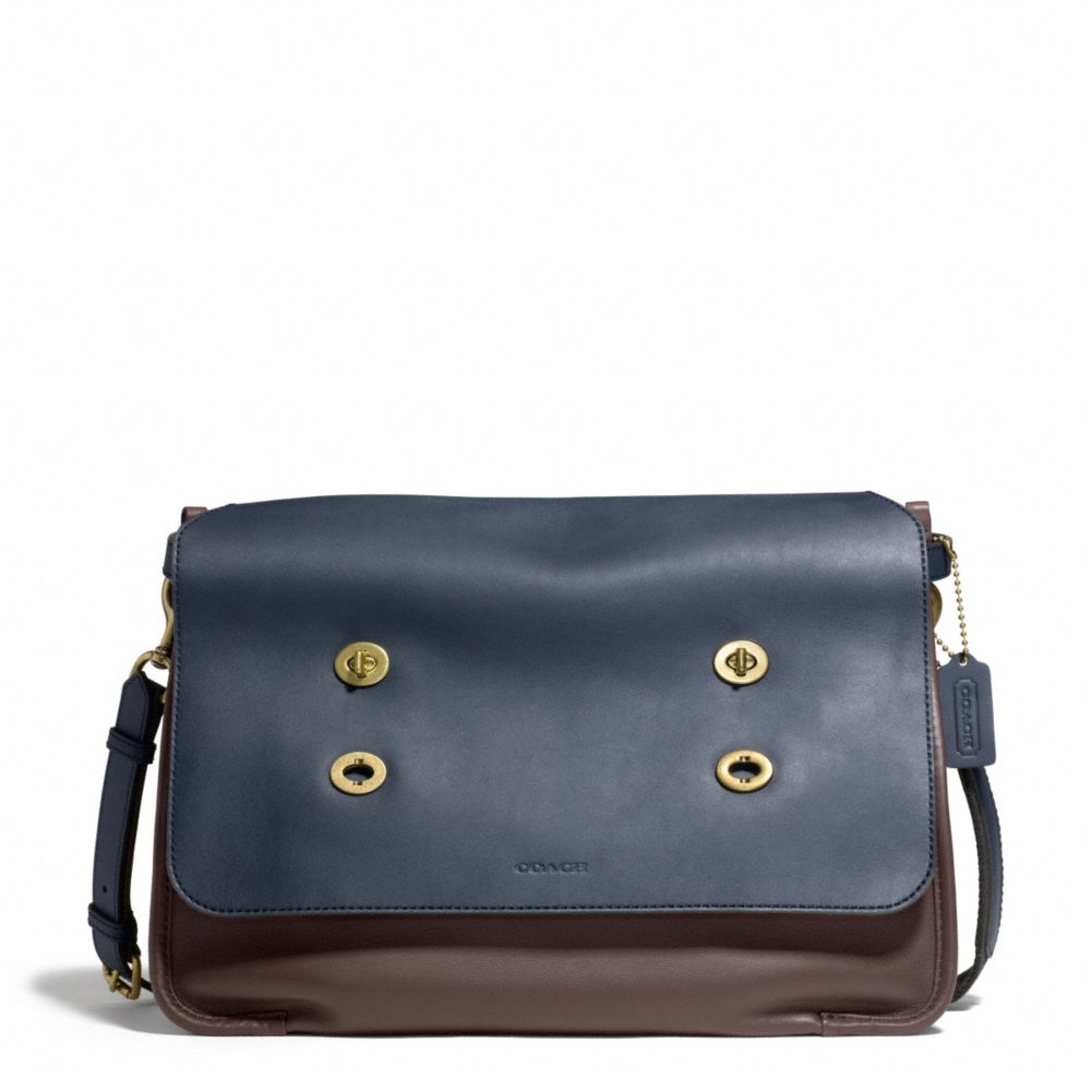 COACH BLEECKER COLORBLOCK LEATHER LARGE MESSENGER - BRASS/NAVY/MAHOGANY - F70990