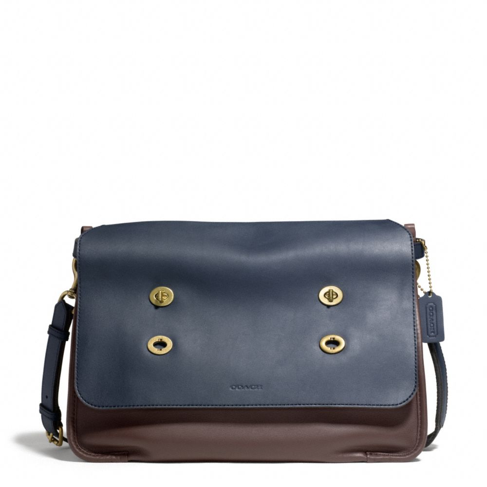 COACH f70990 BLEECKER COLORBLOCK LEATHER LARGE MESSENGER BRASS/NAVY/MAHOGANY