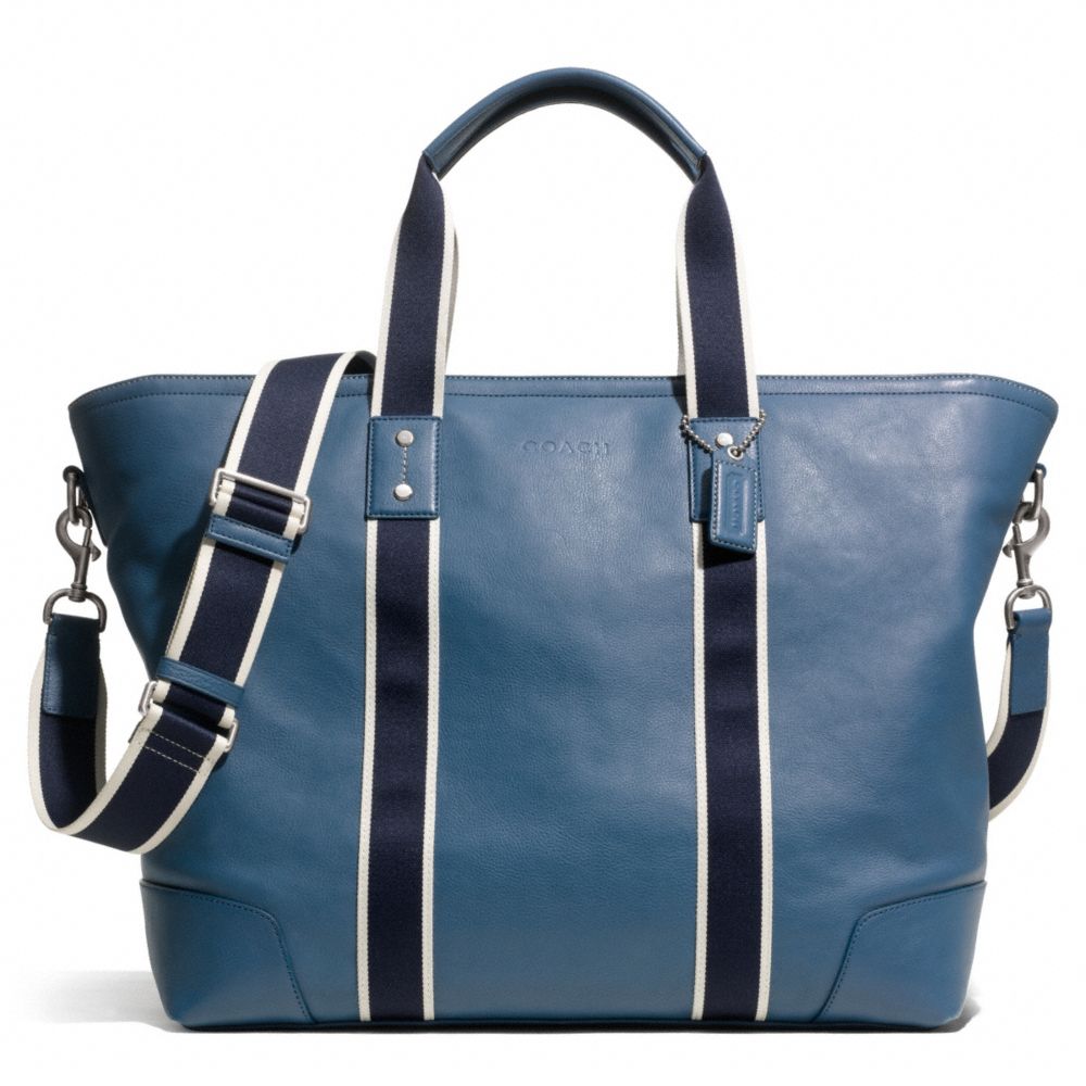 COACH f71169 HERITAGE WEB LEATHER WEEKEND TOTE SILVER/MARINE