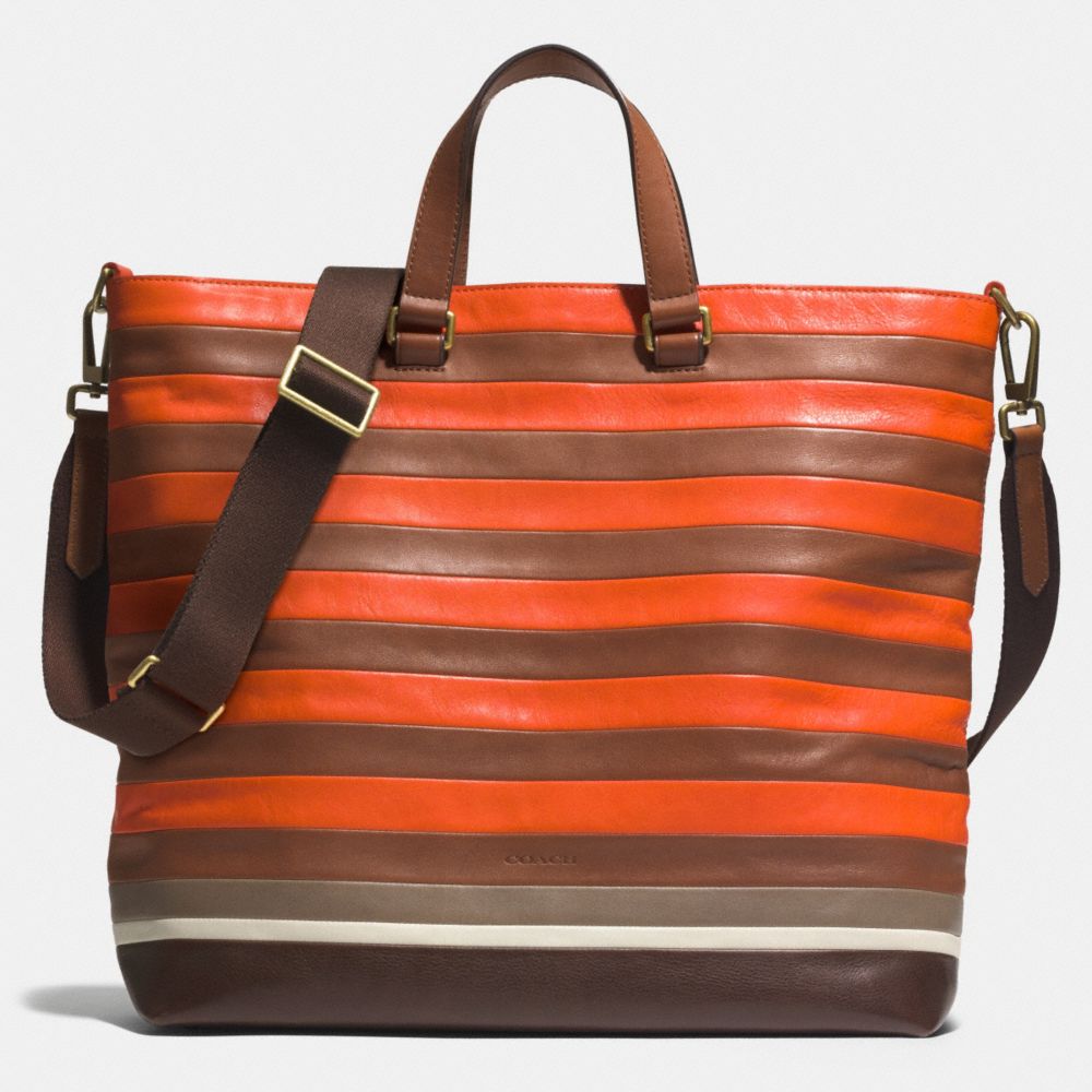 COACH F71197 BLEECKER DAY TOTE IN BAR STRIPE LEATHER -BRASS/SAMBA/FAWN