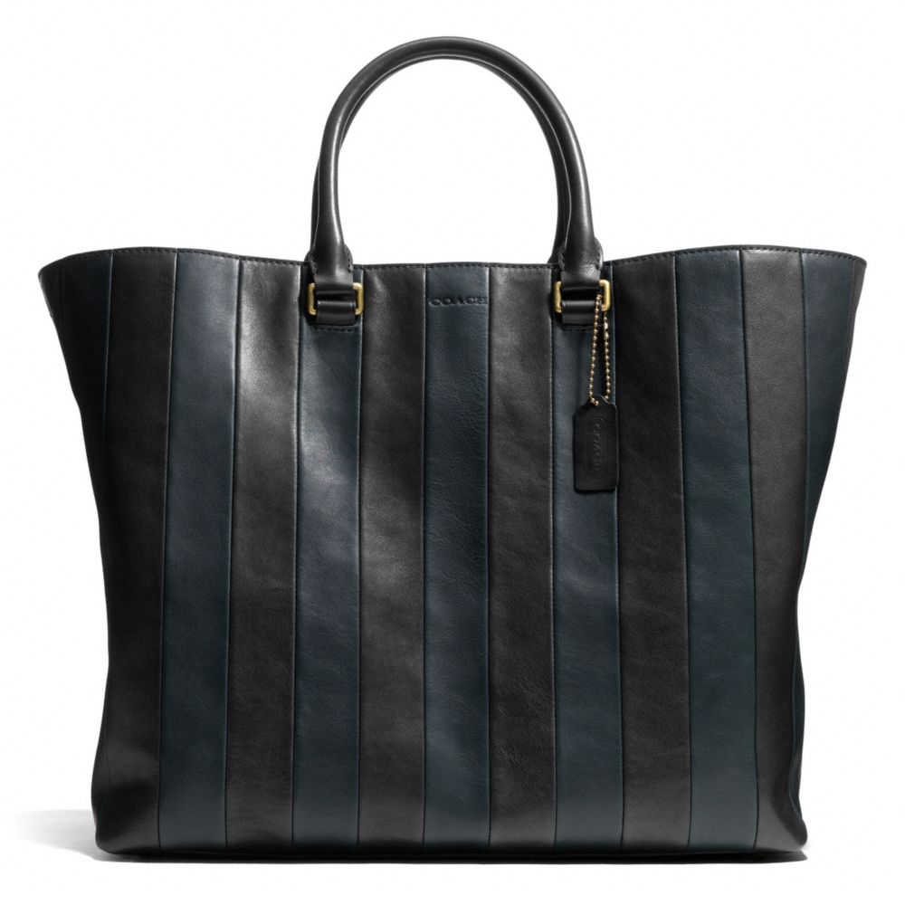 COACH F71213 BLEECKER SHOPPER IN BAR STRIPE LEATHER -BRASS/NAVY/BLACK