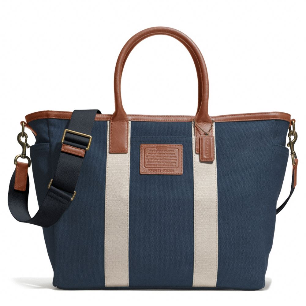 COACH GETAWAY HERITAGE SOLID CANVAS BEACH TOTE - ANTIQUE BRASS/NAVY/SADDLE - F71266