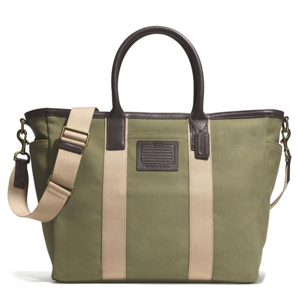 COACH F71266 GETAWAY HERITAGE SOLID CANVAS BEACH TOTE ANTIQUE-BRASS/OLIVE/MAHOGANY