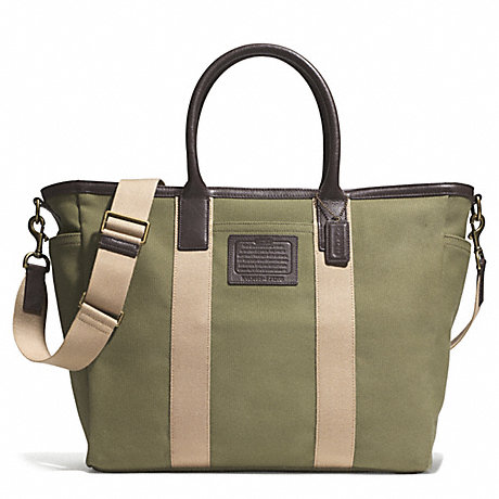 COACH f71266 GETAWAY HERITAGE SOLID CANVAS BEACH TOTE ANTIQUE BRASS/OLIVE/MAHOGANY