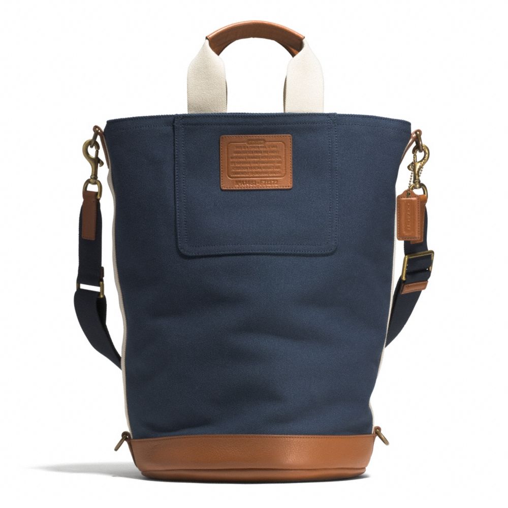 COACH F71272 Heritage Beach Canvas Solid Barrel Bag AB/NAVY/SADDLE