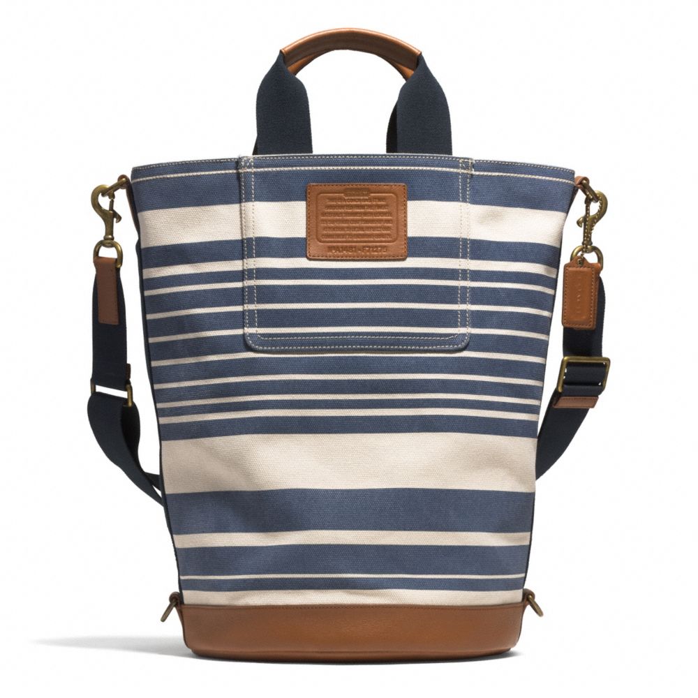 COACH f71275 HERITAGE BEACH CANVAS VINTAGE STRIPE BARREL BAG AB/NAVY MULTI/SADDLE