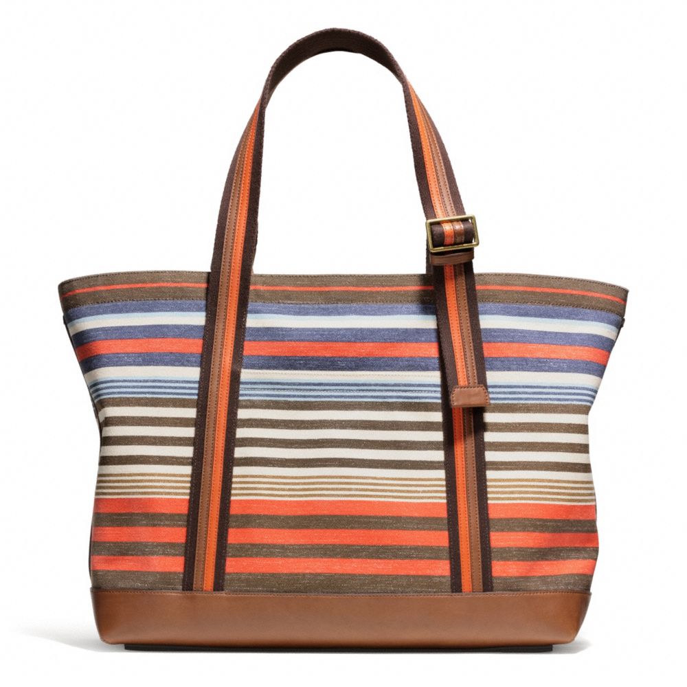 COACH F71310 BLEECKER STRIPED CANVAS BEACH TOTE BRASS/SAMBA