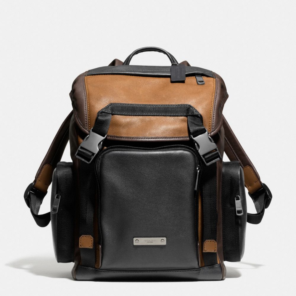 COACH THOMPSON BACKPACK IN COLORBLOCK LEATHER - BLACK ANTIQUE NICKEL/SADDLE/BLACK - F71317
