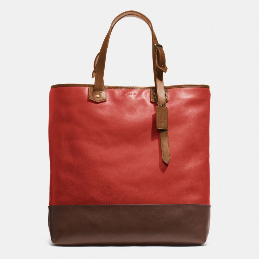 COACH F71395 BLEECKER SHOPPER IN COLORBLOCK LEATHER -BRASS/RED-CURRANT/FAWN