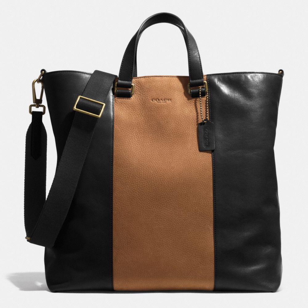 BLEECKER CENTER STRIPE DAY TOTE IN LEATHER - BRASS/BLACK/FAWN - COACH F71428