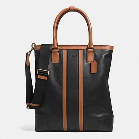 COACH HERITAGE WEB LEATHER BOMBE COLORBLOCK BUSINESS TOTE - BRASS/BLACK/SADDLE - f71459