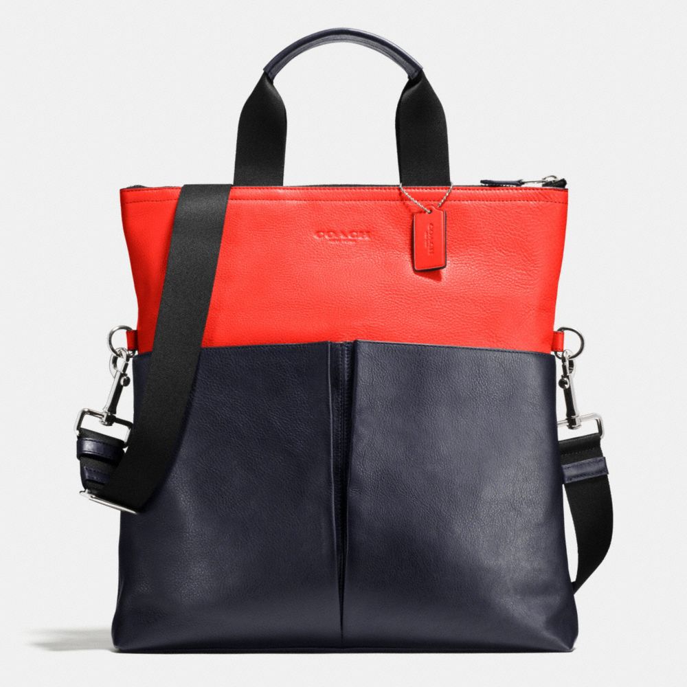 COACH f71722 FOLDOVER TOTE IN SMOOTH LEATHER MIDNIGHT/ORANGE