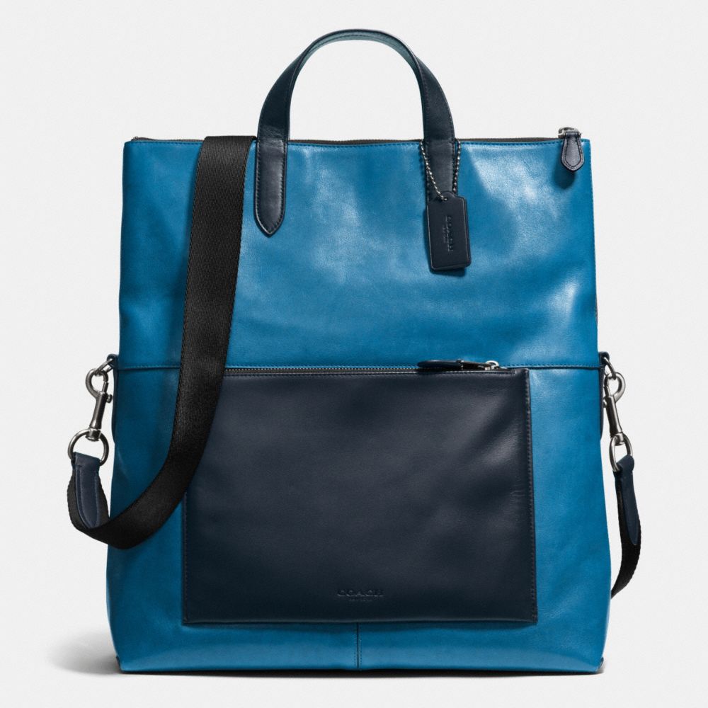 MANHATTAN FOLDOVER TOTE IN LEATHER - f72013 - BLACK ANTIQUE NICKEL/DENIM/MIDNIGHT