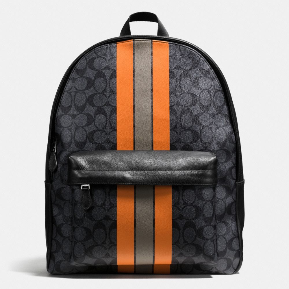 COACH CHARLES BACKPACK IN VARSITY SIGNATURE - CHARCOAL/ORANGE - F72340