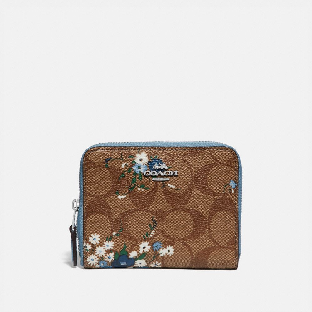 SMALL ZIP AROUND WALLET IN SIGNATURE CANVAS WITH FLORAL BUNDLE PRINT - F72427 - KHAKI BLUE MULTI/SILVER