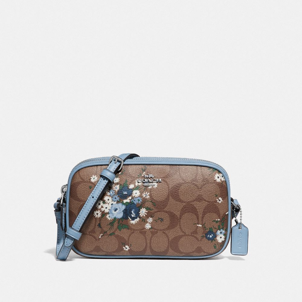 COACH CROSSBODY POUCH IN SIGNATURE CANVAS WITH FLORAL BUNDLE PRINT - KHAKI BLUE MULTI/SILVER - F72428