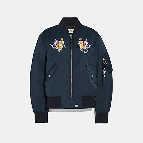COACH MA-1 JACKET WITH FLORAL EMBROIDERY - NAVY - F72441