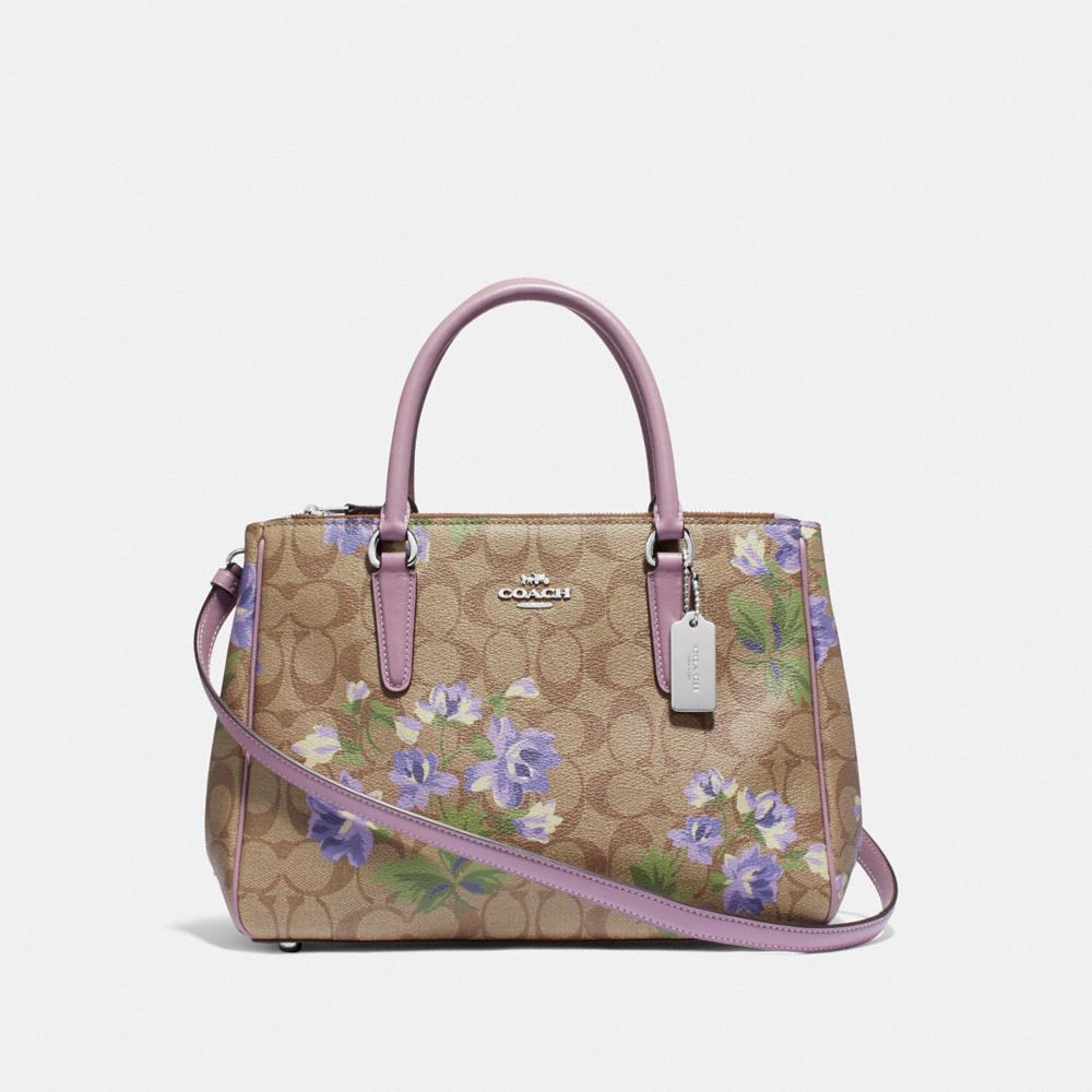 COACH F72642 SURREY CARRYALL IN SIGNATURE CANVAS WITH LILY PRINT KHAKI/PURPLE-MULTI/SILVER