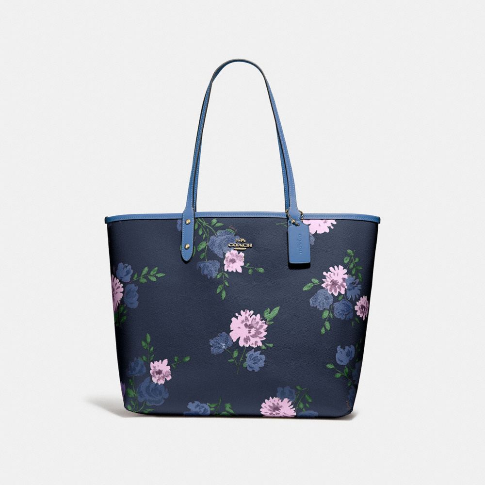 REVERSIBLE CITY TOTE IN SIGNATURE CANVAS WITH PAINTED PEONY PRINT - F72652 - NAVY MULTI/KHAKI/IMITATION GOLD