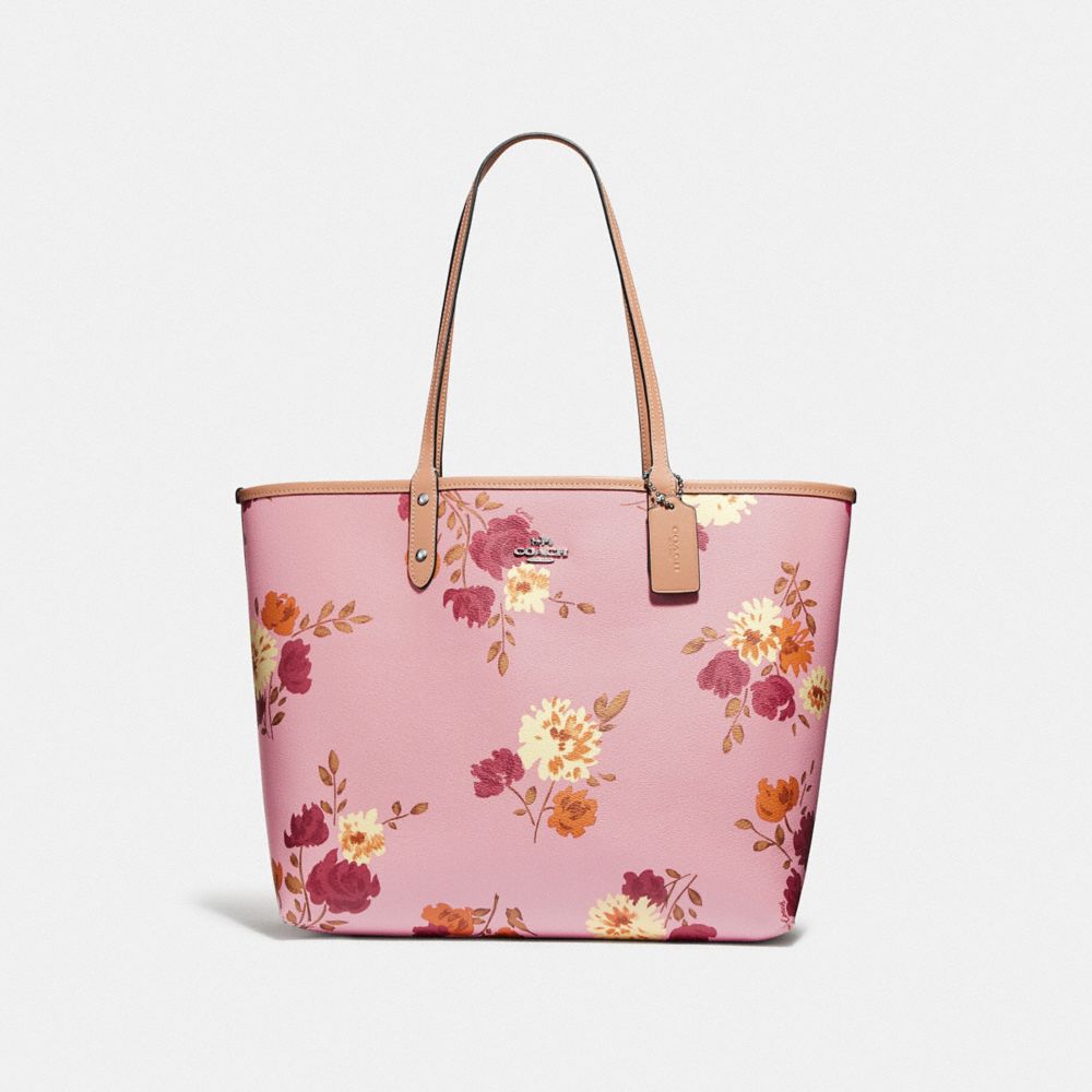 REVERSIBLE CITY TOTE IN SIGNATURE CANVAS WITH PAINTED PEONY PRINT - F72652 - CARNATION MULTI/LIGHT KHAKI/SILVER