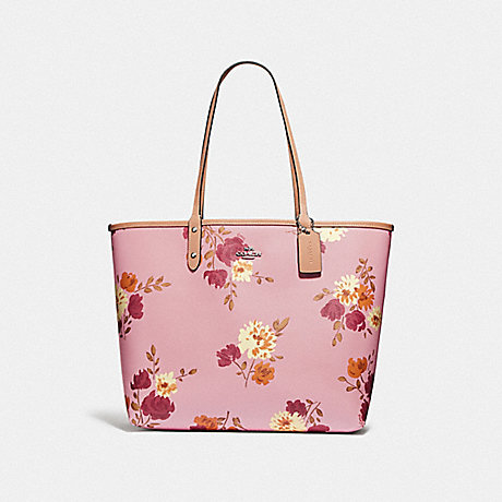 COACH REVERSIBLE CITY TOTE IN SIGNATURE CANVAS WITH PAINTED PEONY PRINT - CARNATION MULTI/LIGHT KHAKI/SILVER - F72652