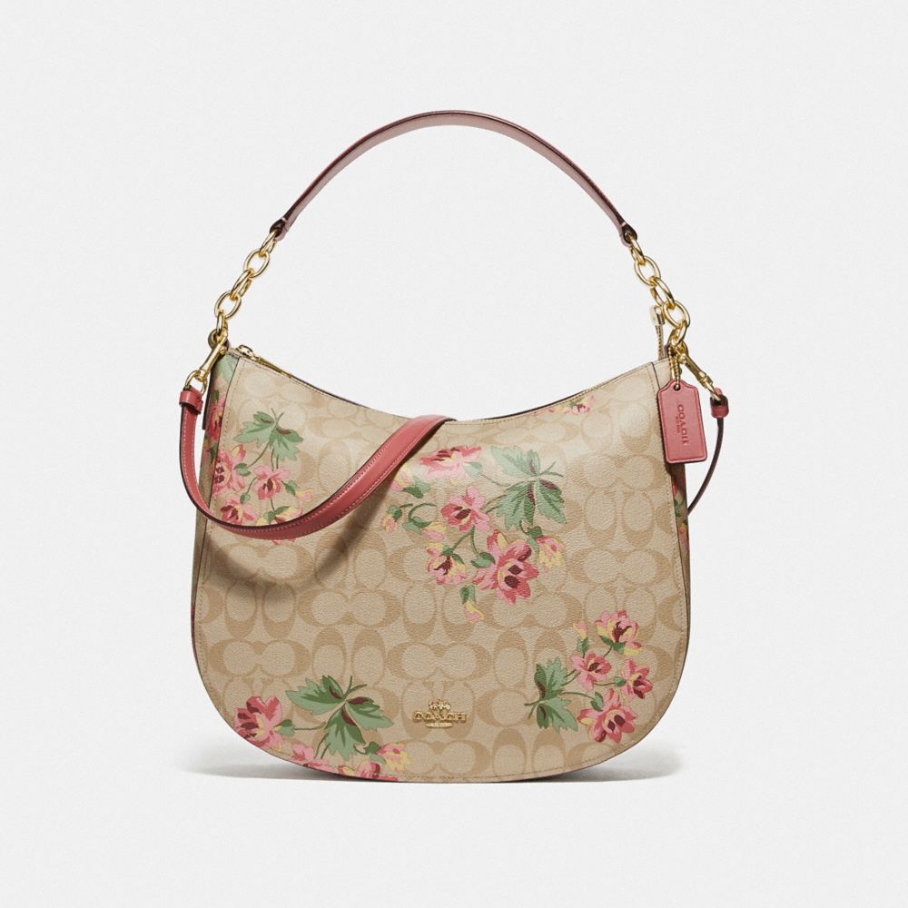 ELLE HOBO IN SIGNATURE CANVAS WITH LILY PRINT - F72656 - LIGHT KHAKI/PINK MULTI/IMITATION GOLD