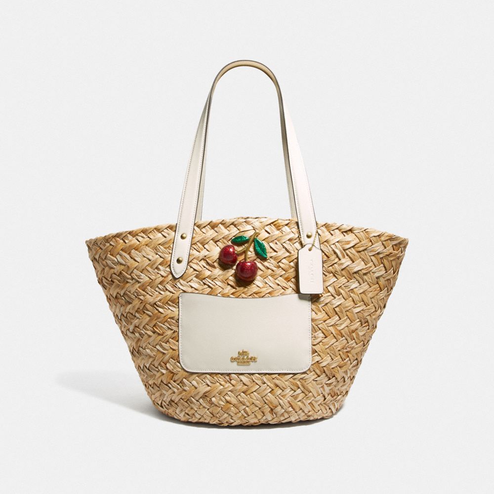 STRAW BASKET TOTE WITH CHERRY - F72705 - NATURAL CHALK/GOLD