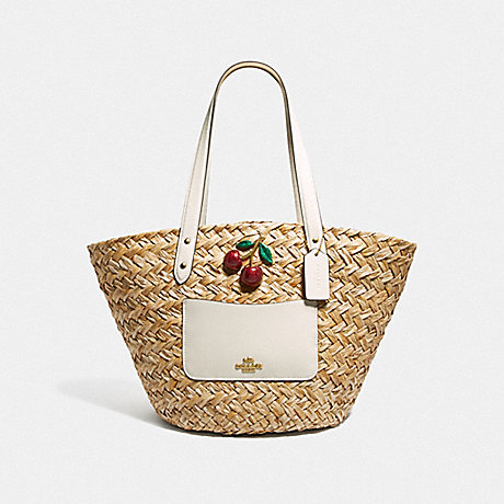 COACH F72705 STRAW BASKET TOTE WITH CHERRY NATURAL CHALK/GOLD