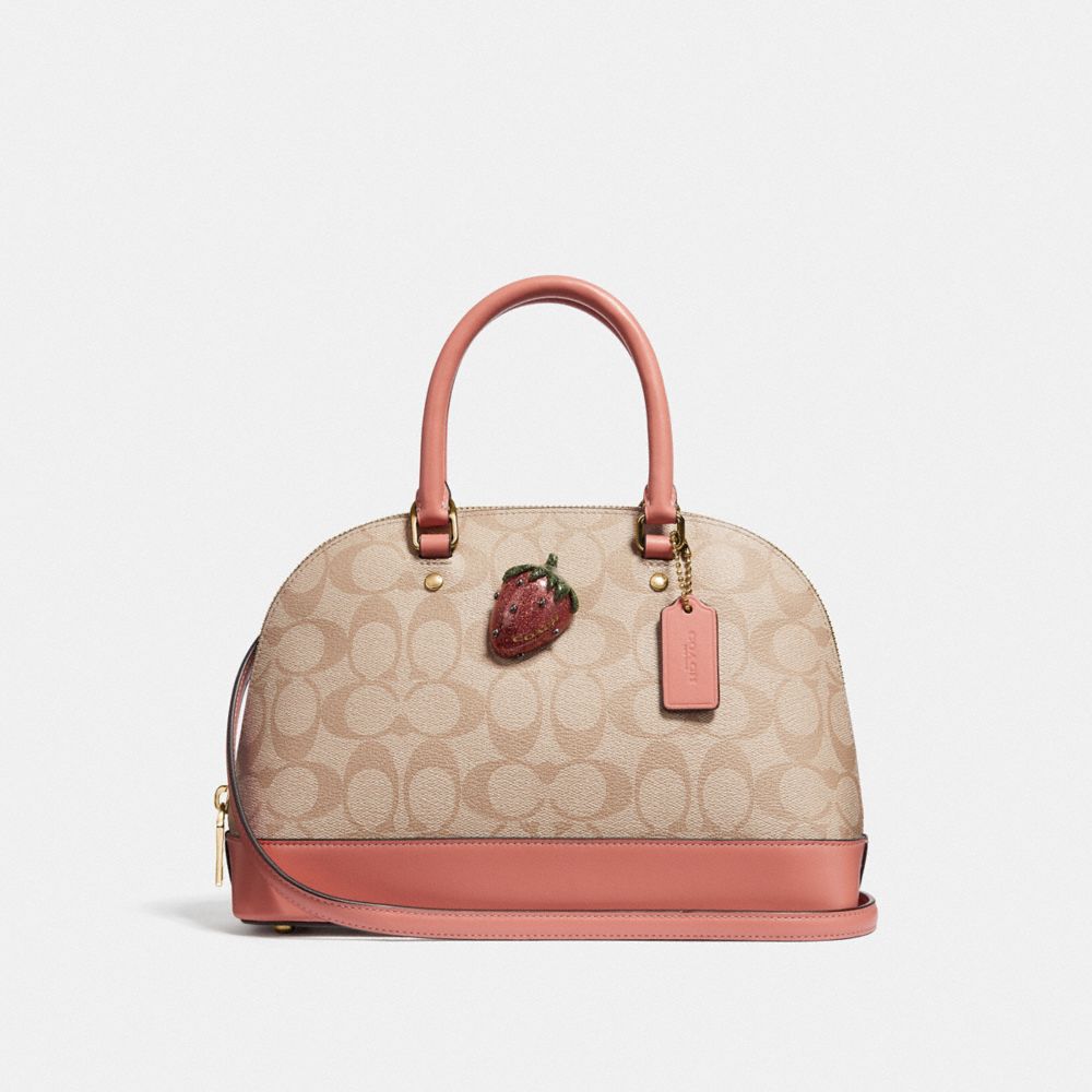 MINI SIERRA SATCHEL IN SIGNATURE CANVAS WITH STRAWBERRY - F72752 - LIGHT KHAKI/CORAL/GOLD