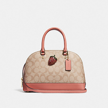 COACH MINI SIERRA SATCHEL IN SIGNATURE CANVAS WITH STRAWBERRY - LIGHT KHAKI/CORAL/GOLD - F72752