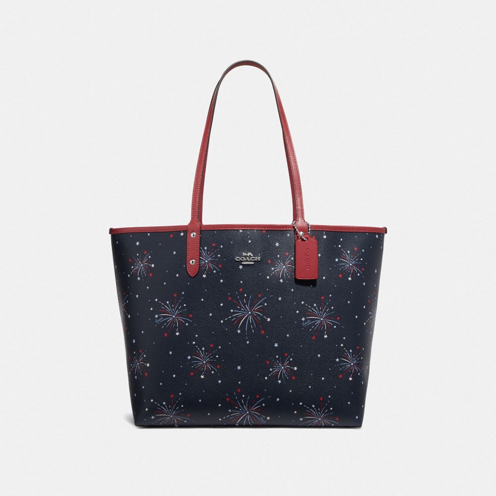 COACH REVERSIBLE CITY TOTE WITH FIREWORKS PRINT - SILVER/NAVY MULTI/WASHED RED - F72772