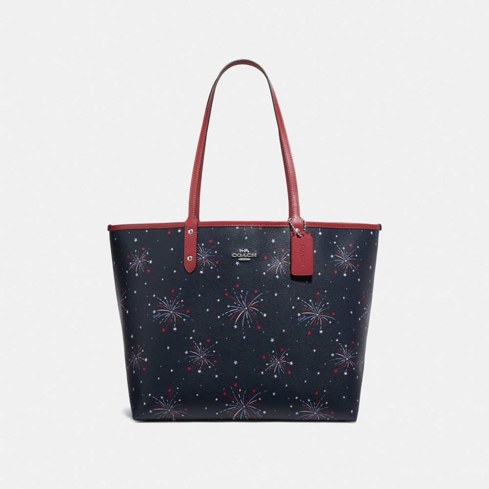 COACH F72772 REVERSIBLE CITY TOTE WITH FIREWORKS PRINT SILVER/NAVY MULTI/WASHED RED