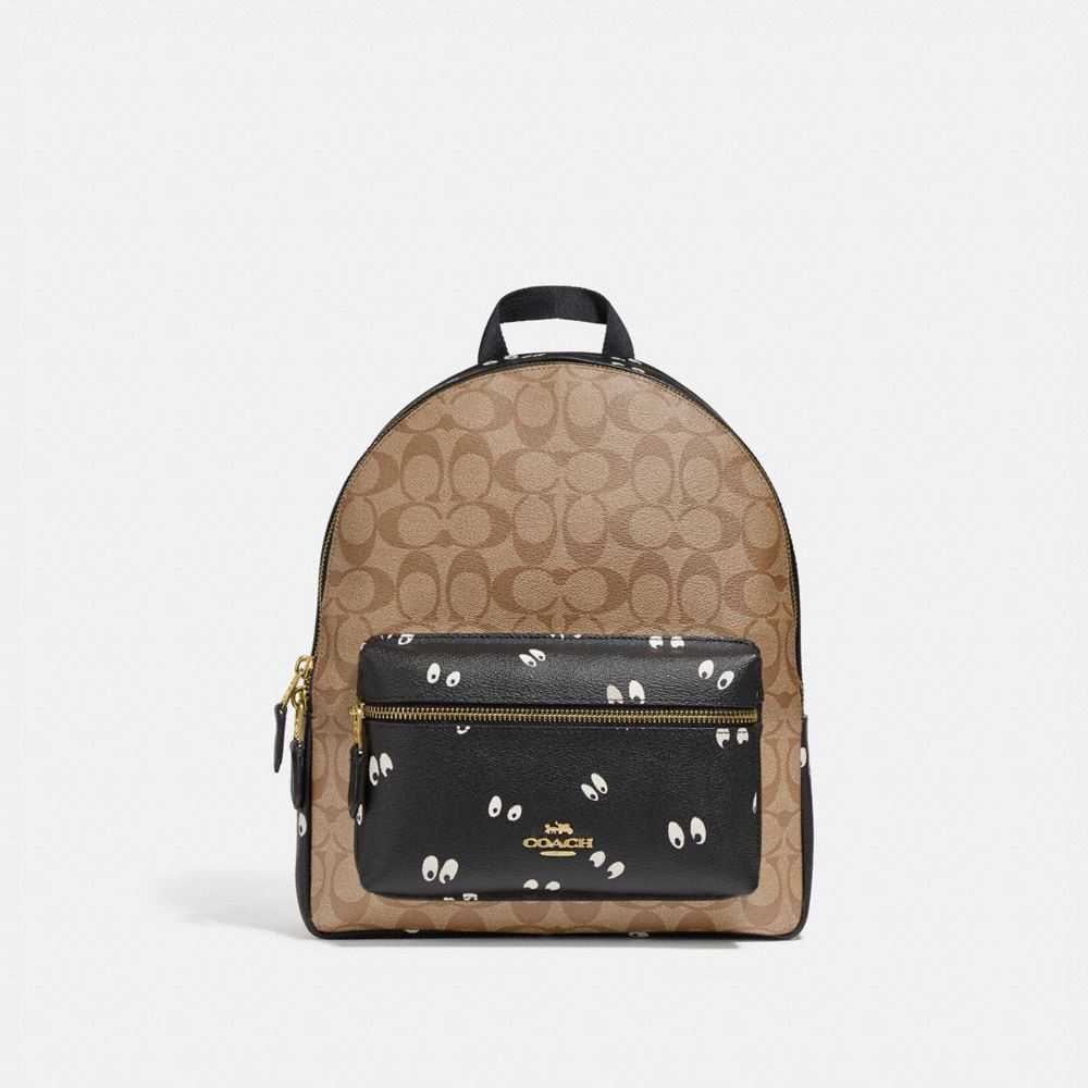 DISNEY X COACH MEDIUM CHARLIE BACKPACK IN SIGNATURE CANVAS WITH SNOW WHITE AND THE SEVEN DWARFS EYES PRINT - KHAKI/MULTI/GOLD - COACH F72816