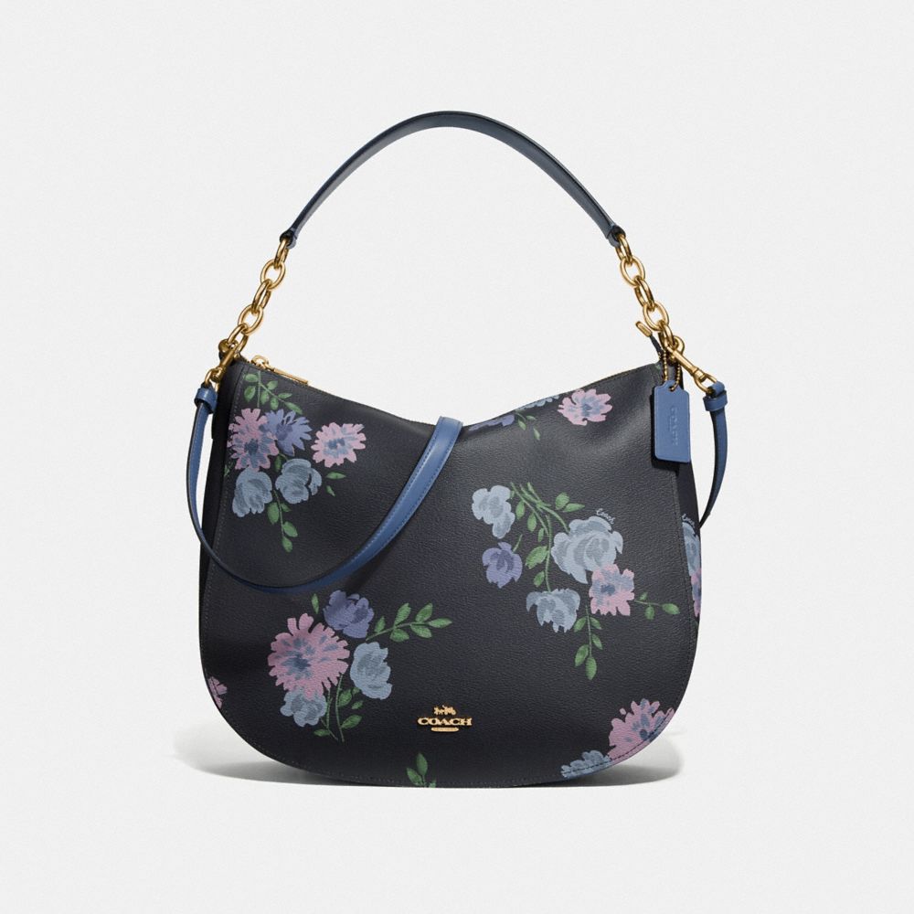 ELLE HOBO WITH PAINTED PEONY PRINT - F72843 - NAVY MULTI/IMITATION GOLD