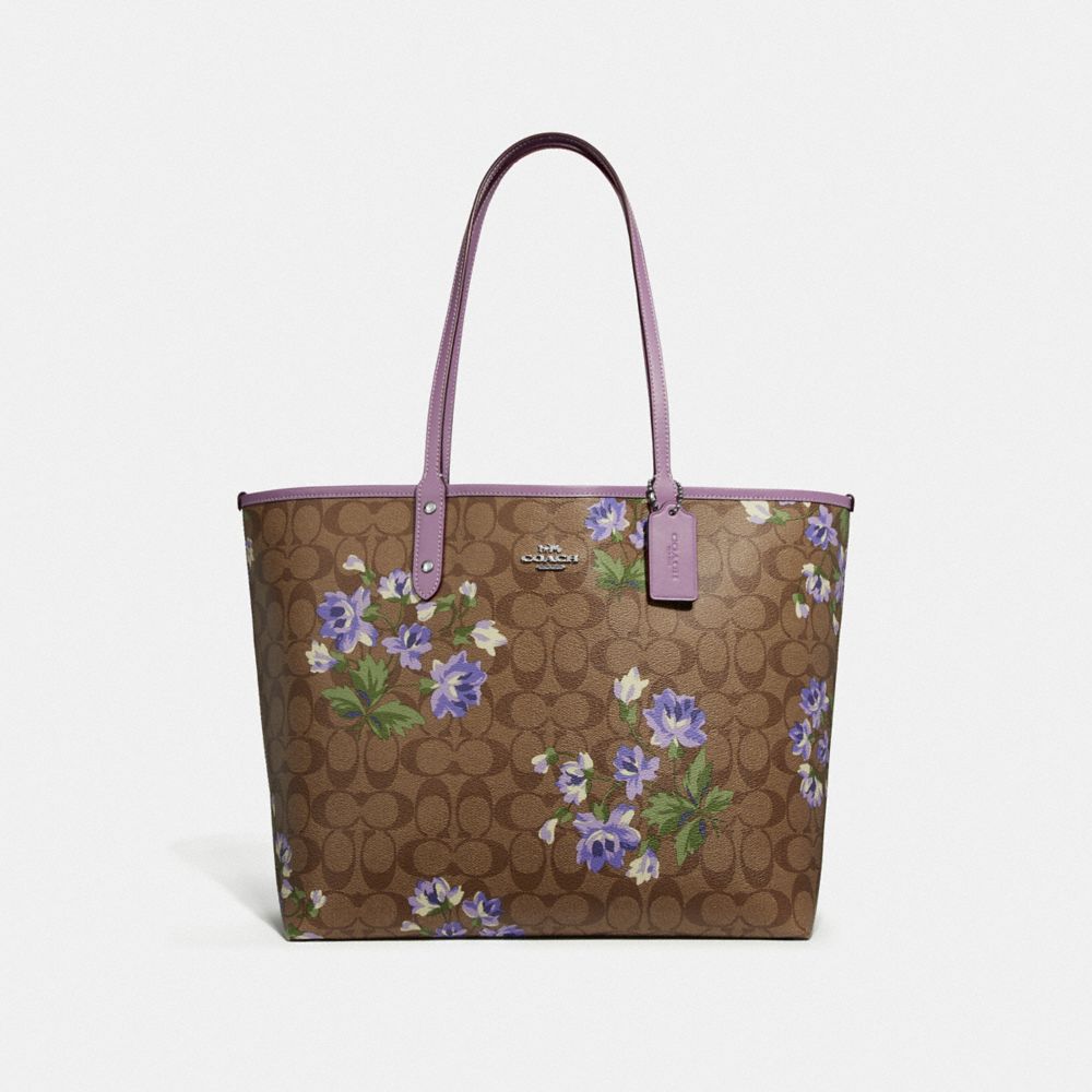 REVERSIBLE CITY TOTE IN SIGNATURE CANVAS WITH LILY PRINT - F72844 - KHAKI MULTI/JASMINE/SILVER