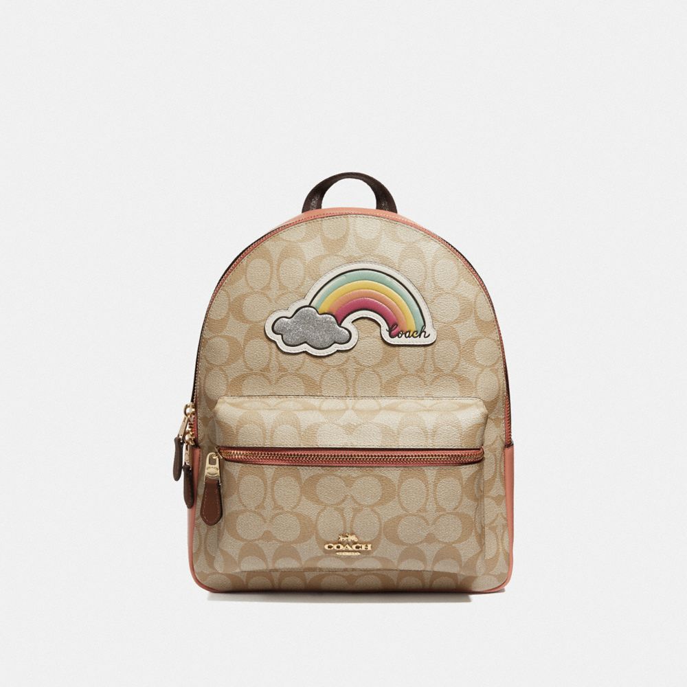 MEDIUM CHARLIE BACKPACK IN SIGNATURE CANVAS WITH RAINBOW MOTIF - F72846 - LIGHT KHAKI/MULTI/GOLD